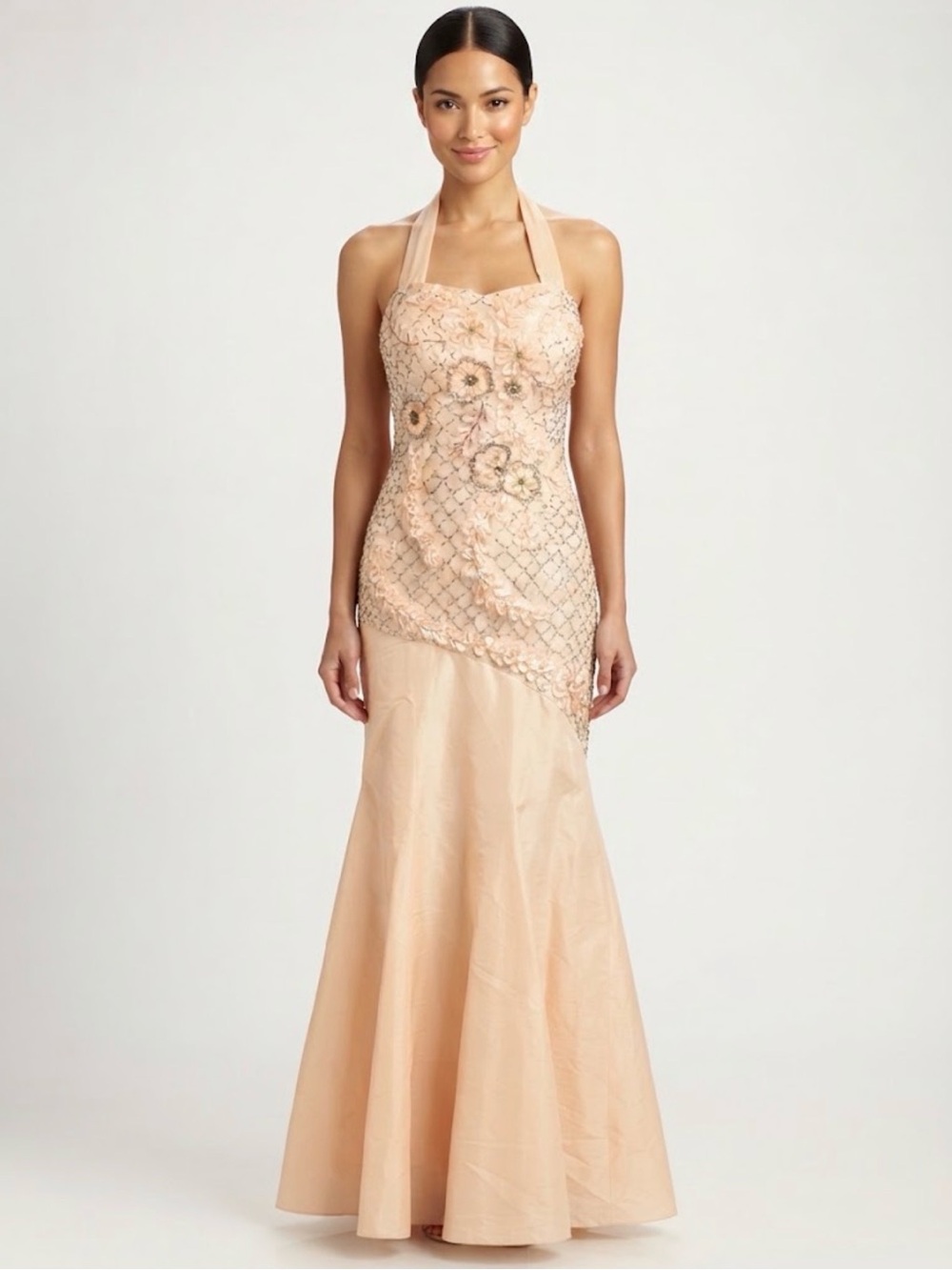 Sue Wong Nocturne Beaded Applique Halter Mermaid Gown Peach Size 2